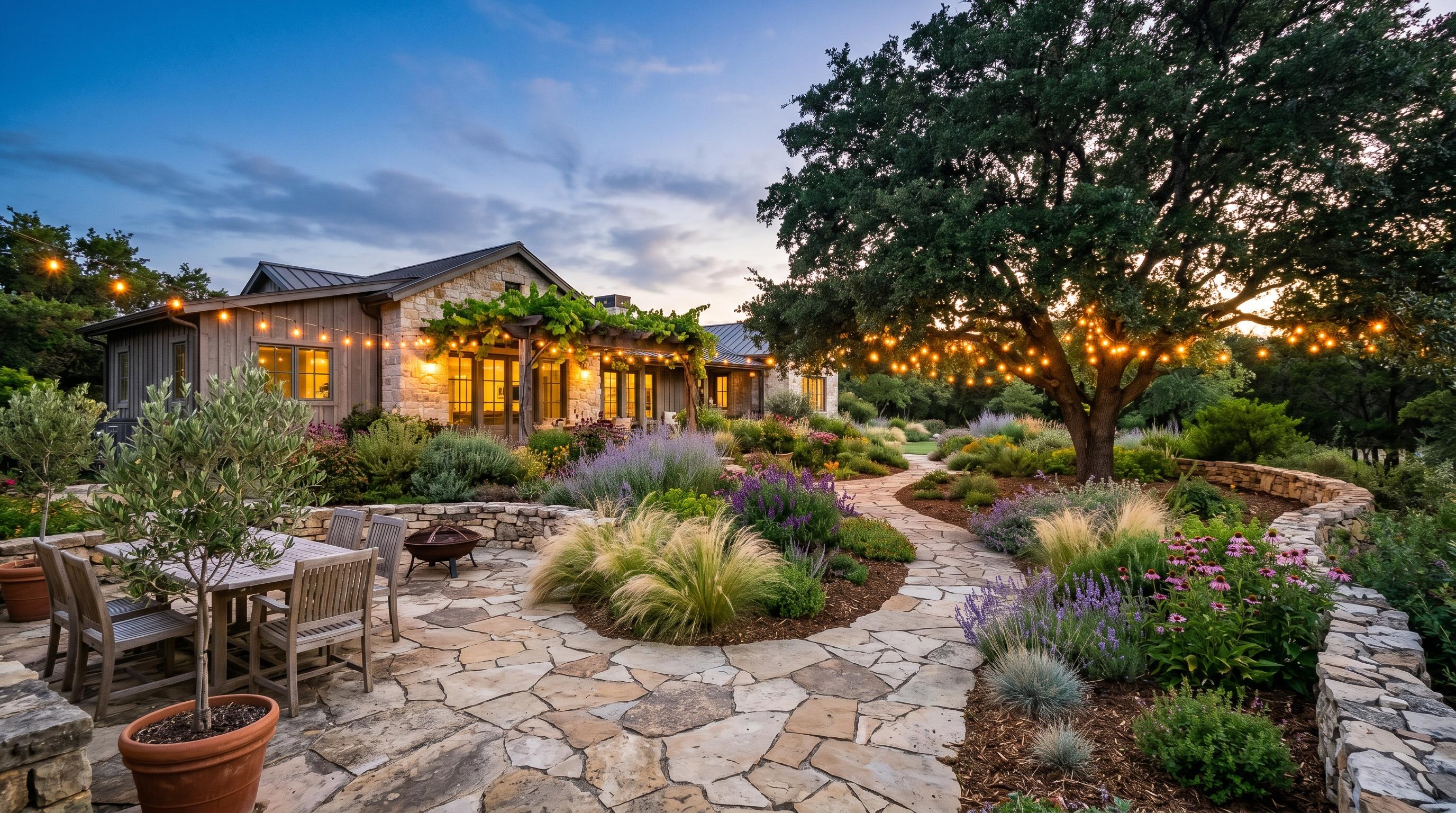 Beautifully designed backyard with natural stone patio, drought-tolerant garden borders, ornamental grasses, and string lights at dusk