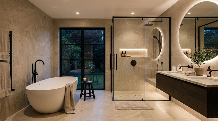 Modern bathroom with walk-in shower and floating vanity