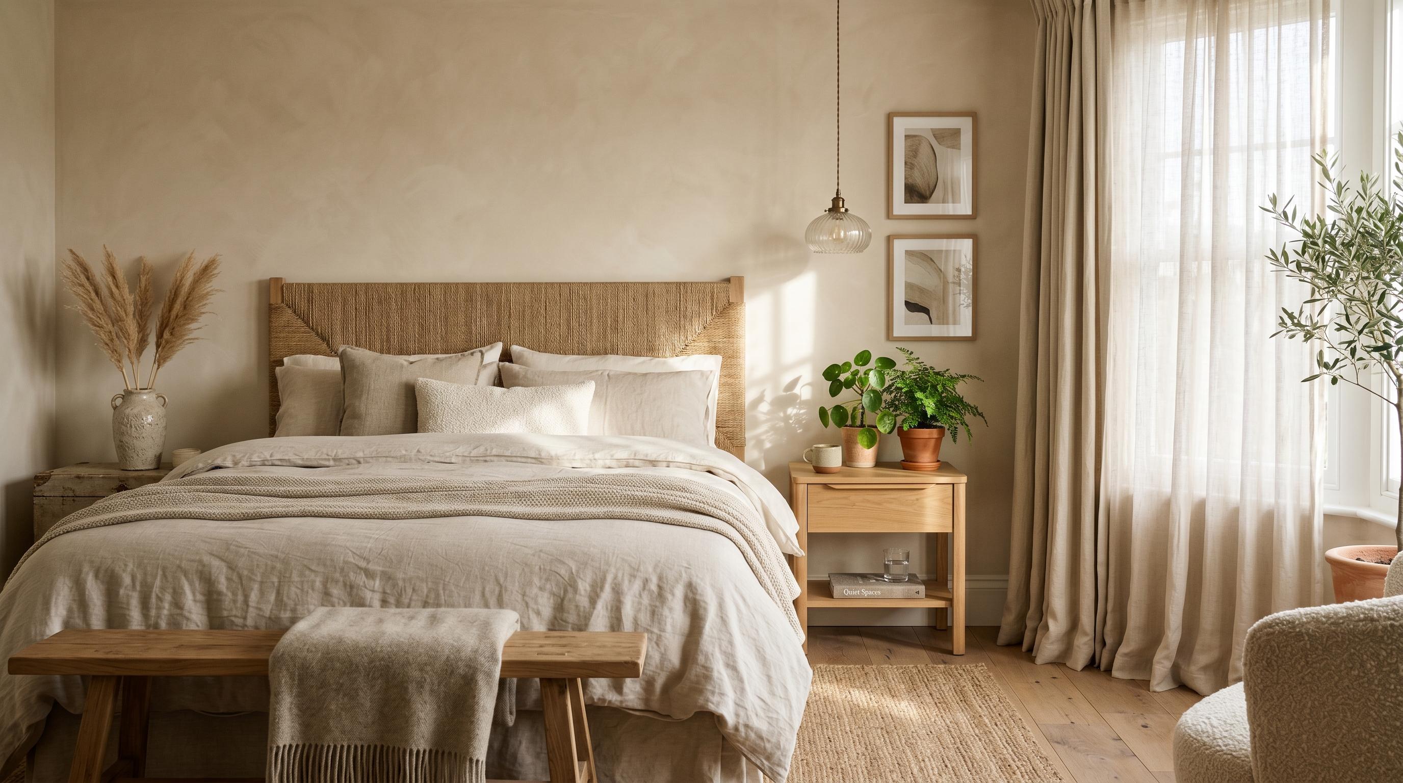 Serene master bedroom with warm neutral palette, linen bedding, and morning light streaming through sheer curtains