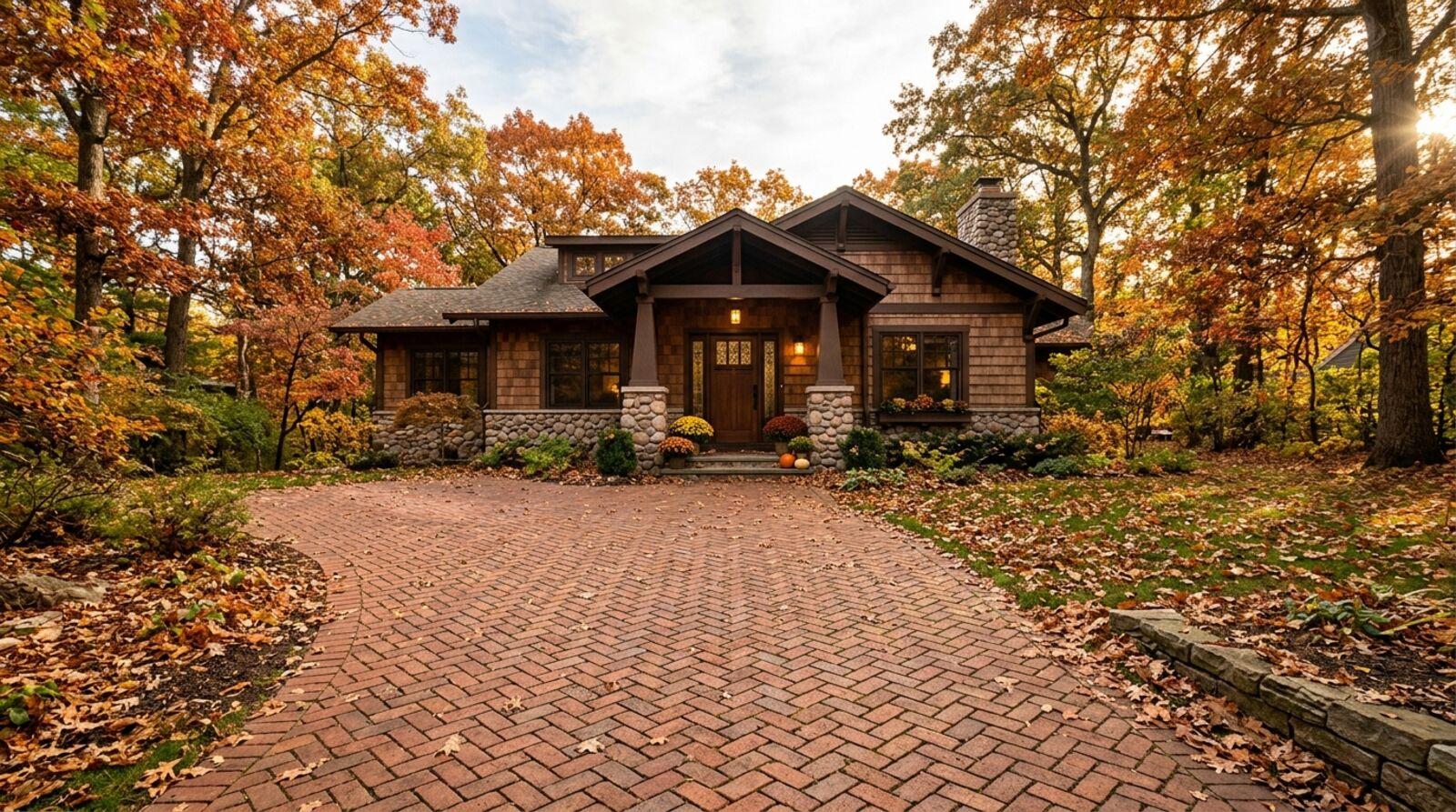 Herringbone pattern brick driveway leading to a two-car garage