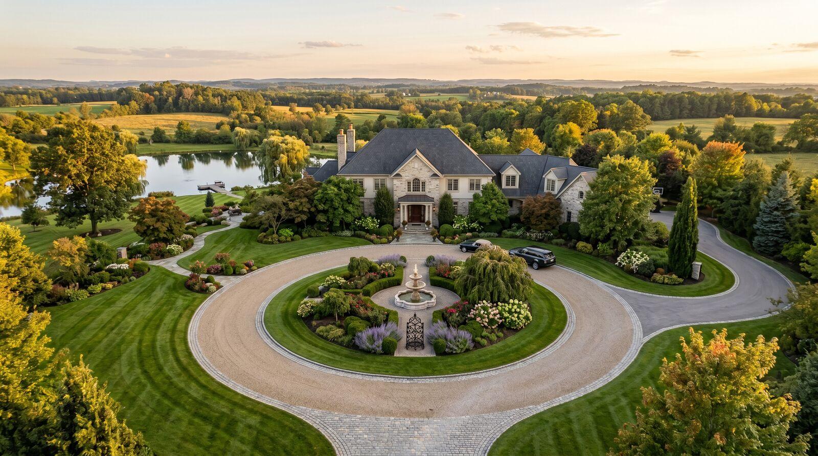 Circular driveway with center landscaping island in front of a two-story home