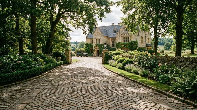 European-style cobblestone driveway with natural stone pavers leading to a residential home with mature landscaping