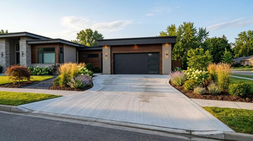 New concrete driveway with a smooth broom finish leading up to a two-car garage