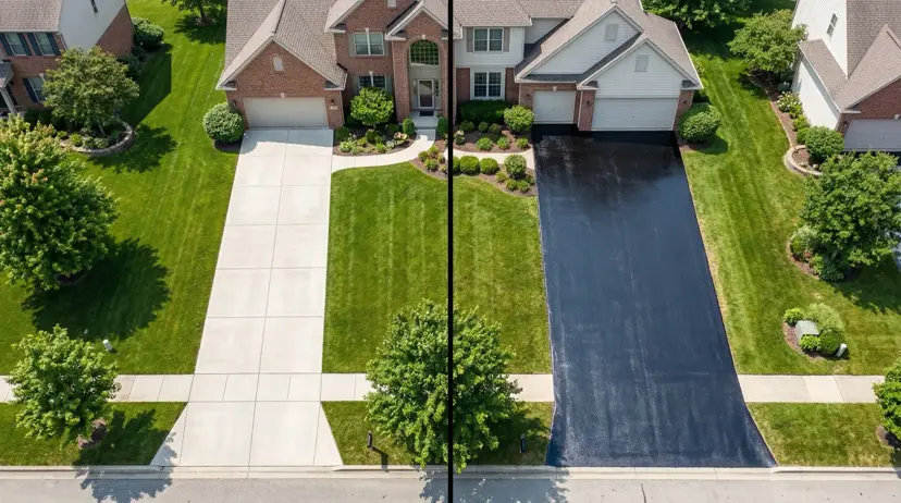 Side by side aerial comparison of a concrete driveway and an asphalt driveway