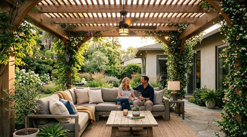 A covered patio with a solid roof extension, ceiling fan, and outdoor living furniture