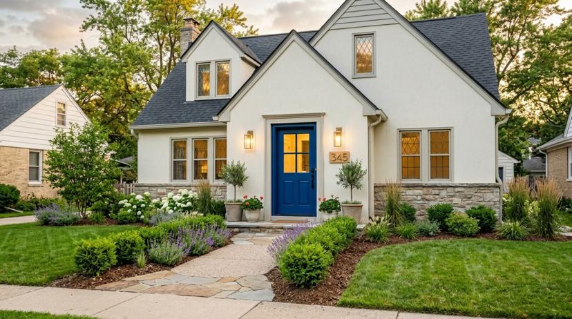 A home exterior with high curb appeal featuring a new front door, landscape lighting, and clean landscaping