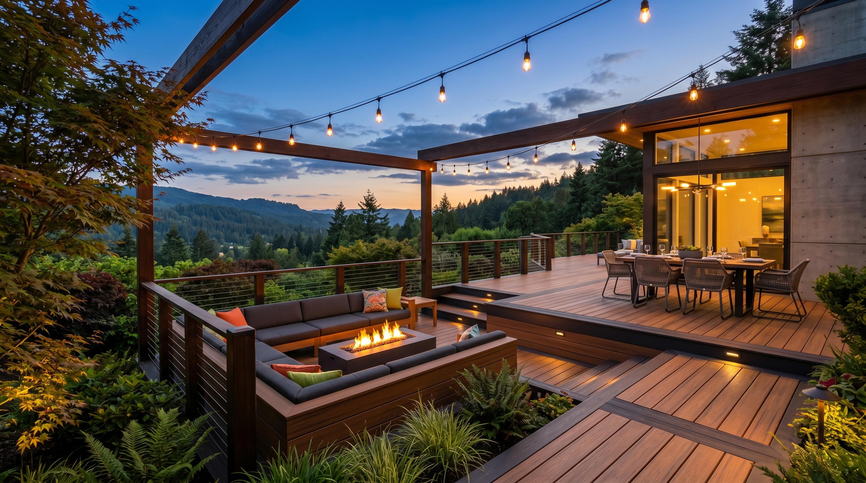 Modern multi-level composite deck with built-in seating, cable railing, string lights, and lush landscaping at twilight