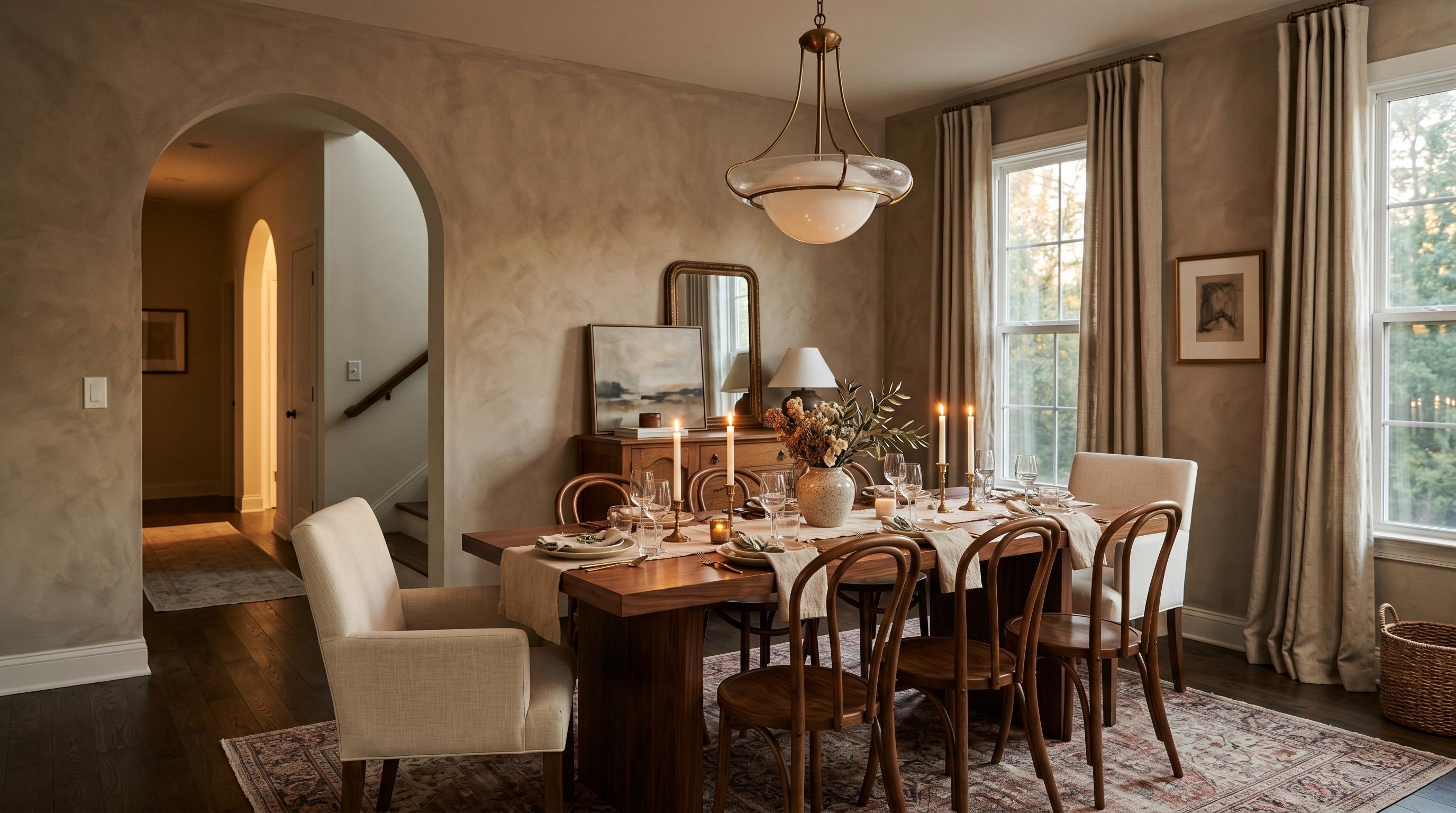 Elegant dining room with warm walnut table, mixed chairs, sculptural pendant light, limewash walls, and evening candlelight