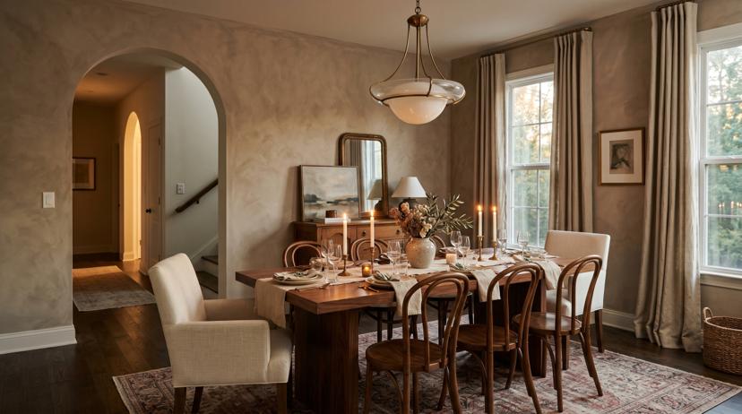 Elegant dining room with warm walnut table, mixed chairs, sculptural pendant light, limewash walls, and evening candlelight