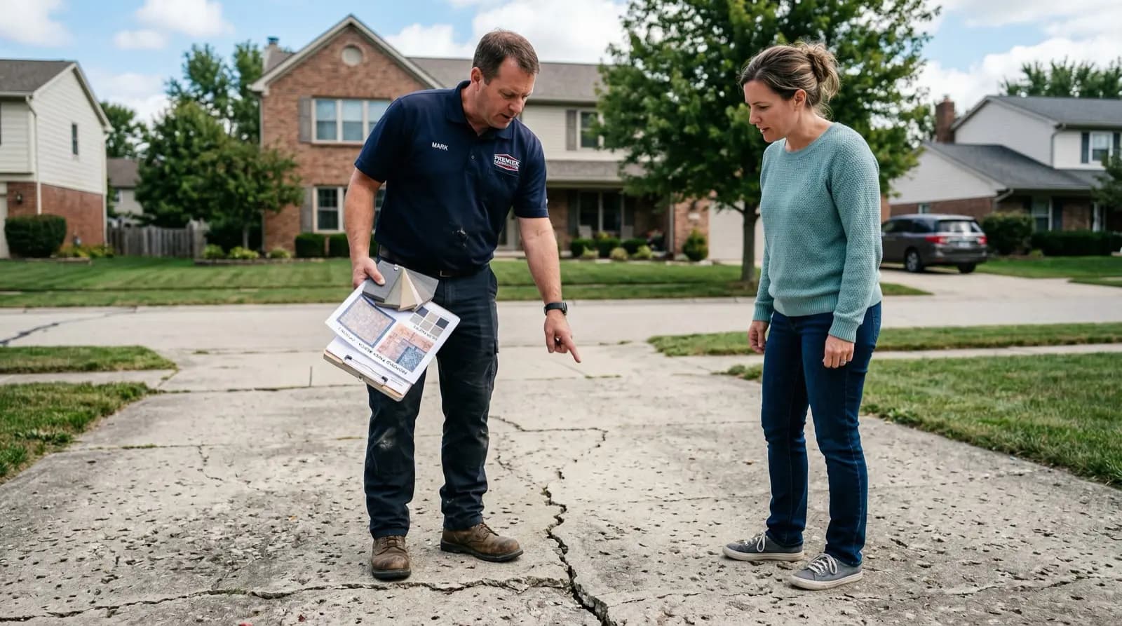 Contractor and homeowner reviewing driveway design mockup renderings during an on-site consultation