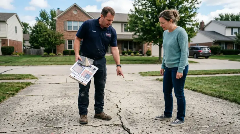 Contractor and homeowner reviewing driveway design mockup renderings during an on-site consultation