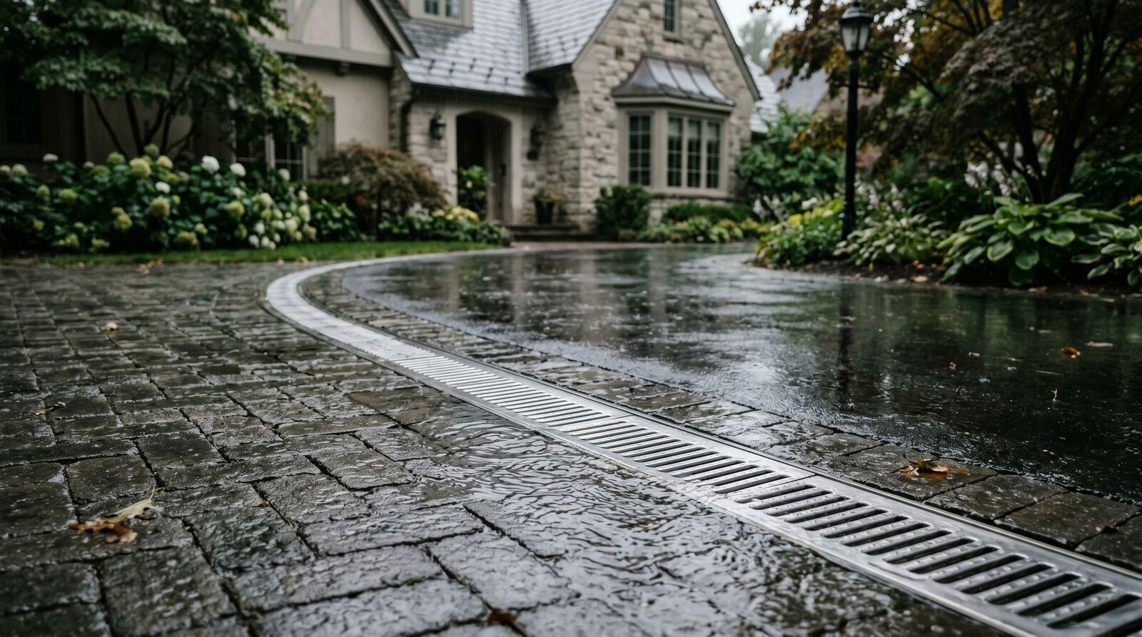 Channel drain installed across a concrete driveway with water flowing into a grated drainage system