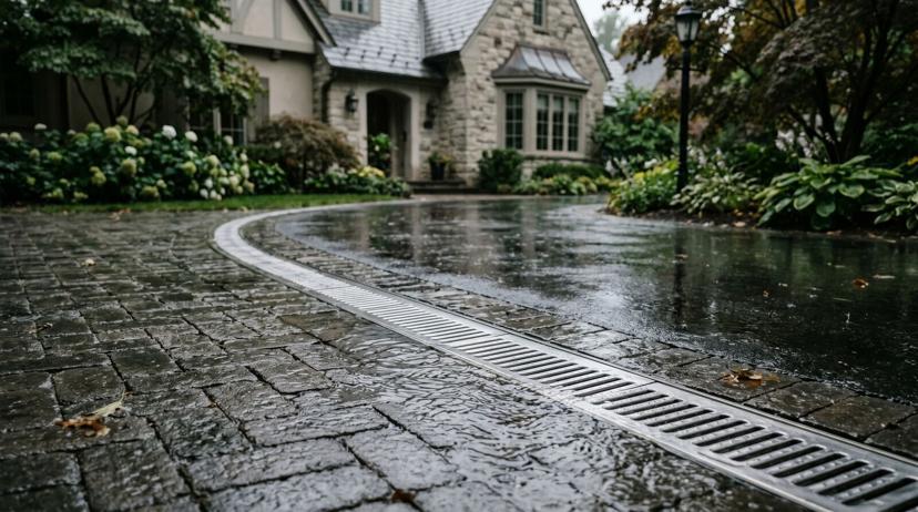 Channel drain installed across a concrete driveway with water flowing into a grated drainage system
