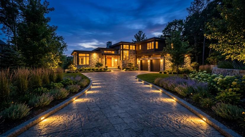 Evening view of a residential driveway with warm low-voltage path lights and subtle LED bollards lining both sides