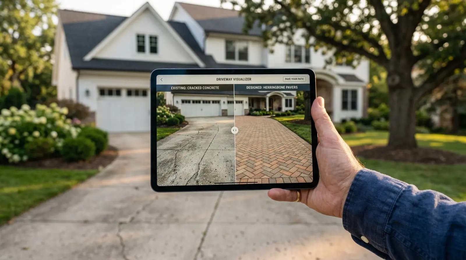 Homeowner holding tablet showing AI driveway mockup software with before and after visualization