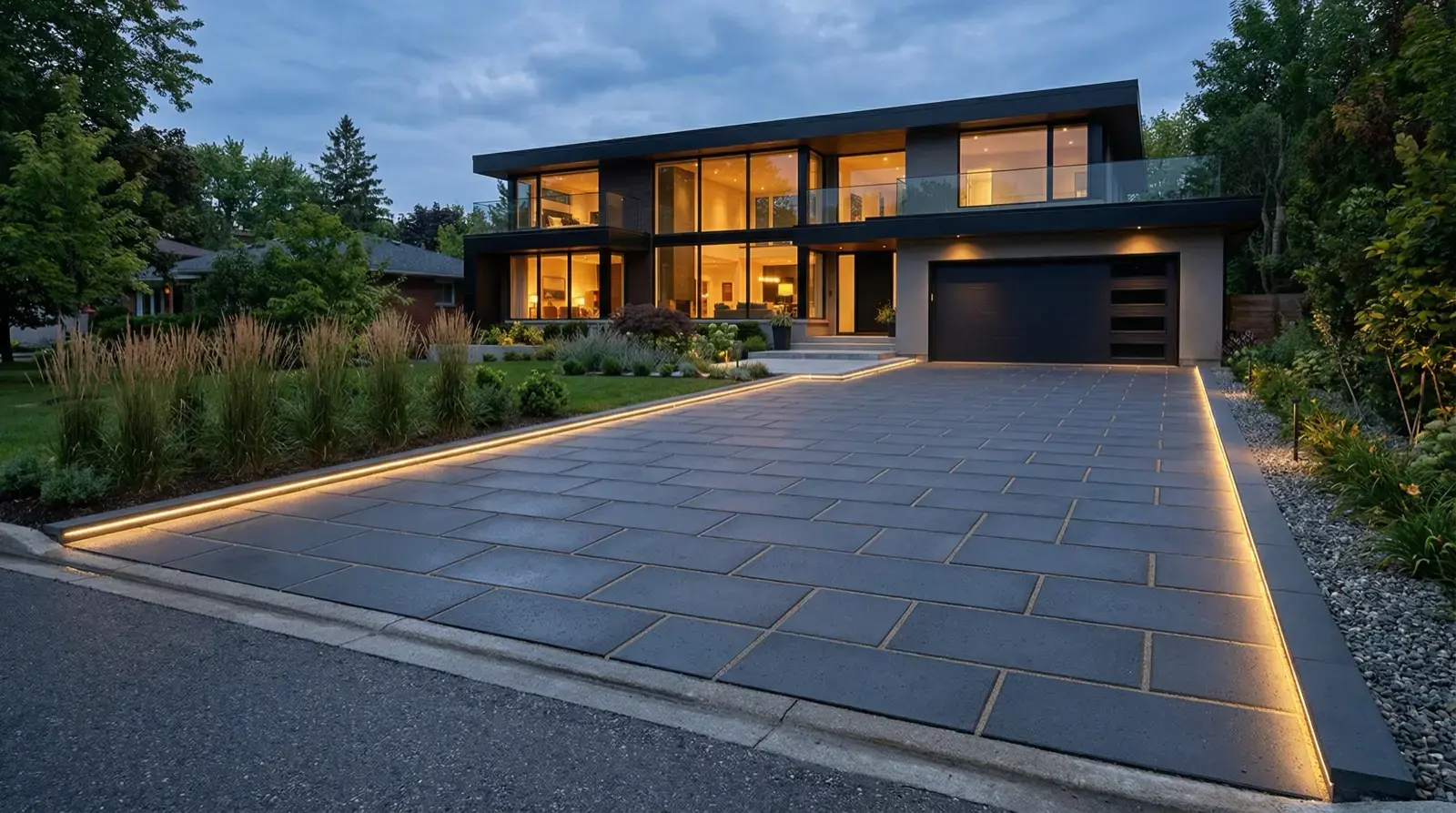 Modern driveway with concrete strips and gravel joints