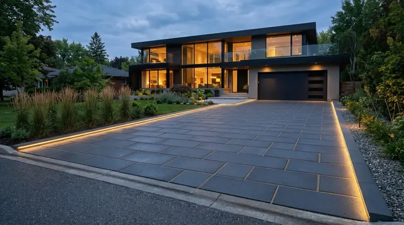 Modern driveway redesign with charcoal concrete pavers and LED edge lighting at dusk