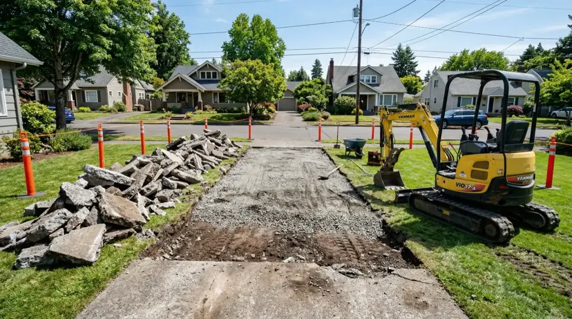 Residential driveway mid-renovation with demolished concrete, gravel base, and mini excavator