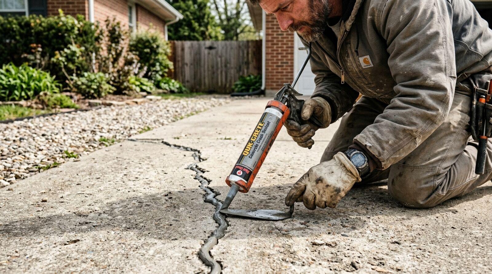 Cracked concrete driveway with visible settling and surface damage next to a repaired section