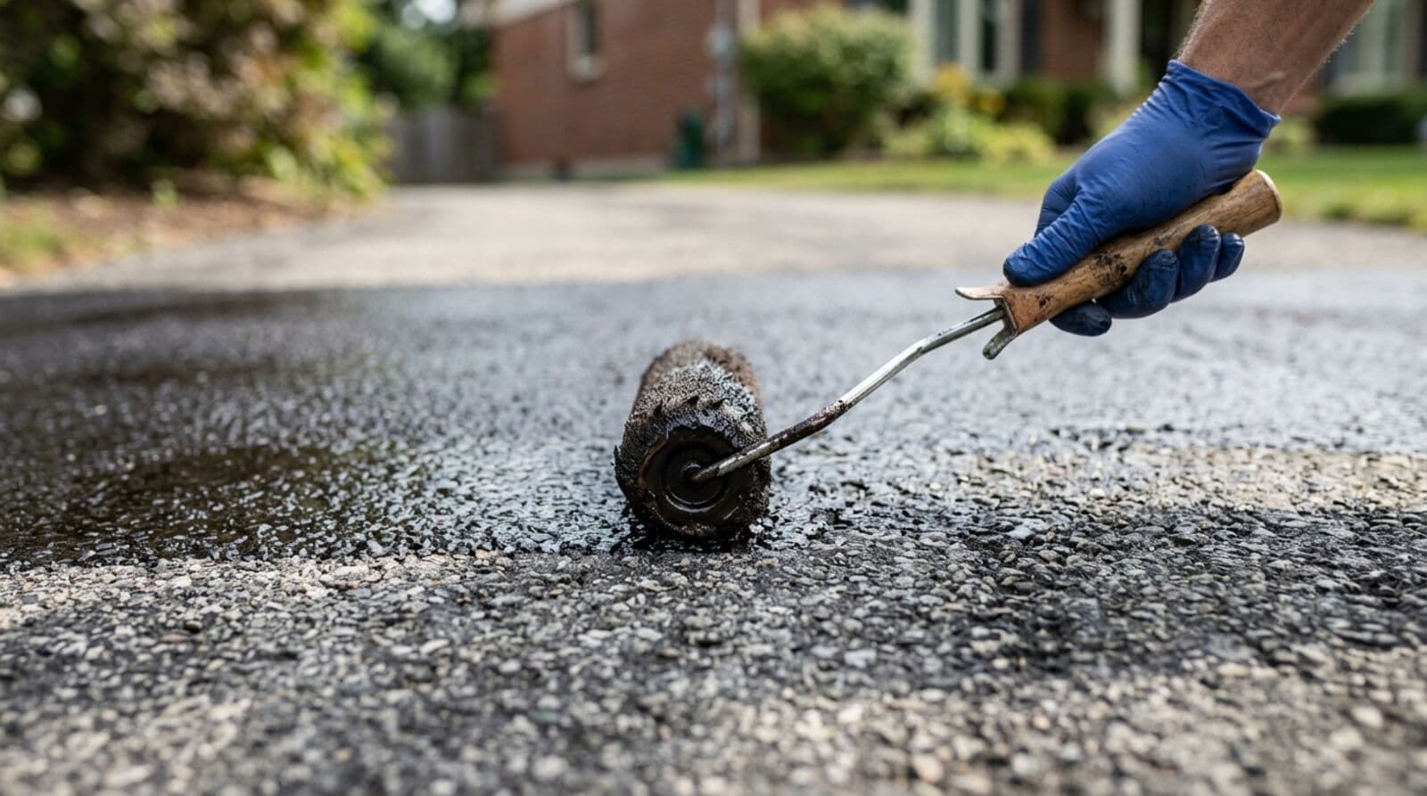 Homeowner applying driveway sealer with a squeegee on a sunny afternoon