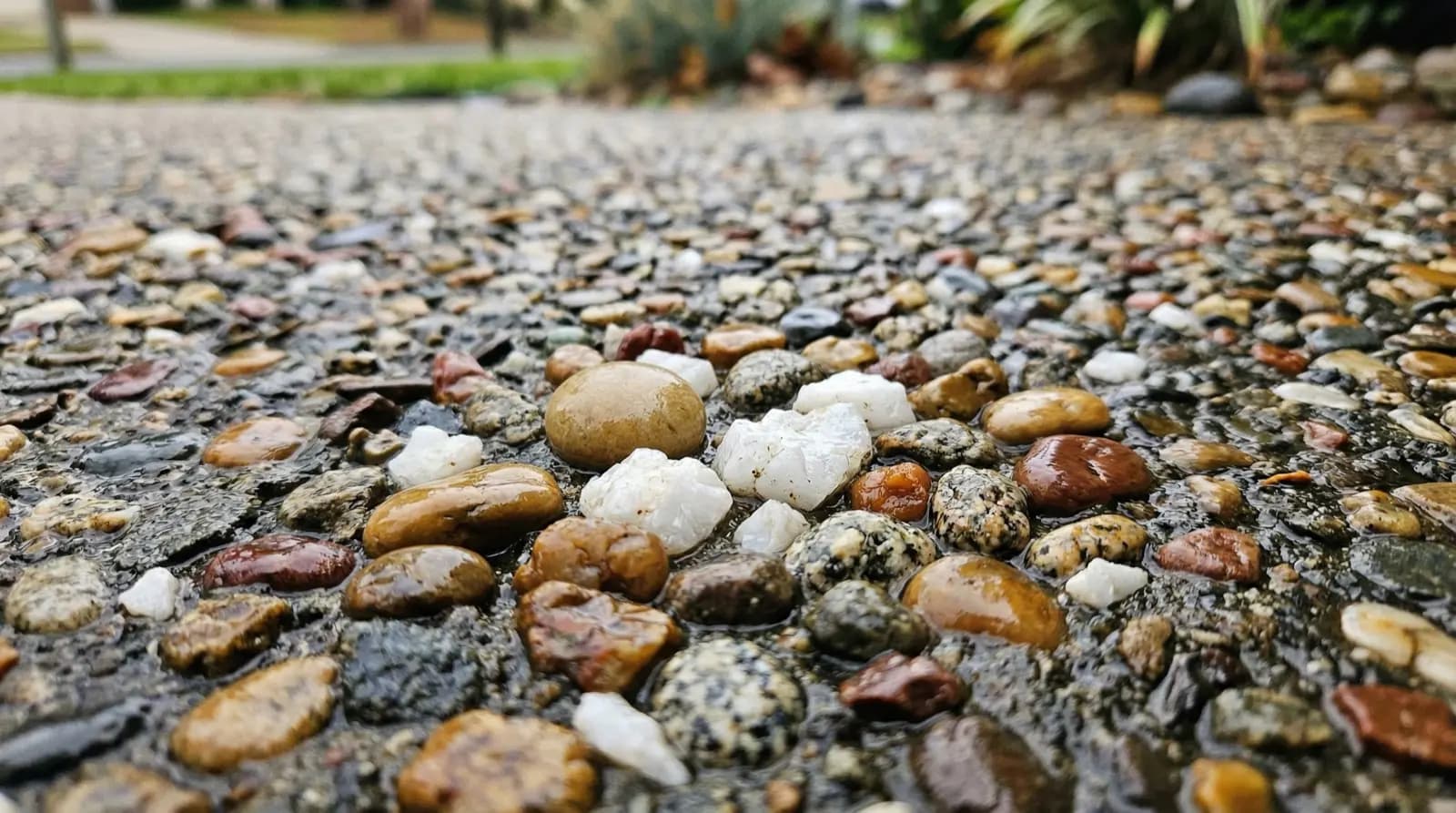 Macro close-up of wet exposed aggregate concrete surface showing polished river stones and quartz