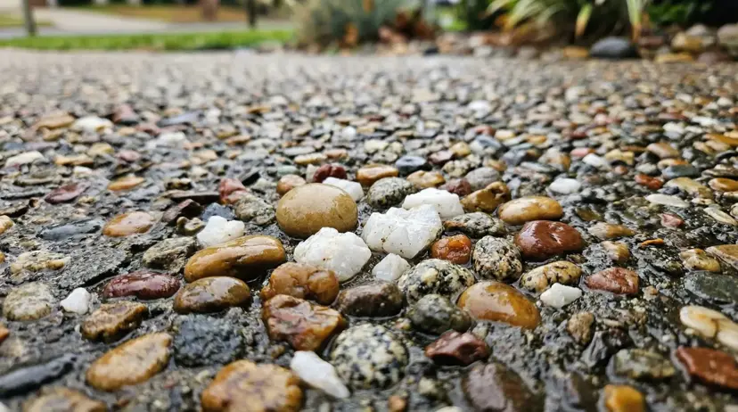 Macro close-up of wet exposed aggregate concrete surface showing polished river stones and quartz