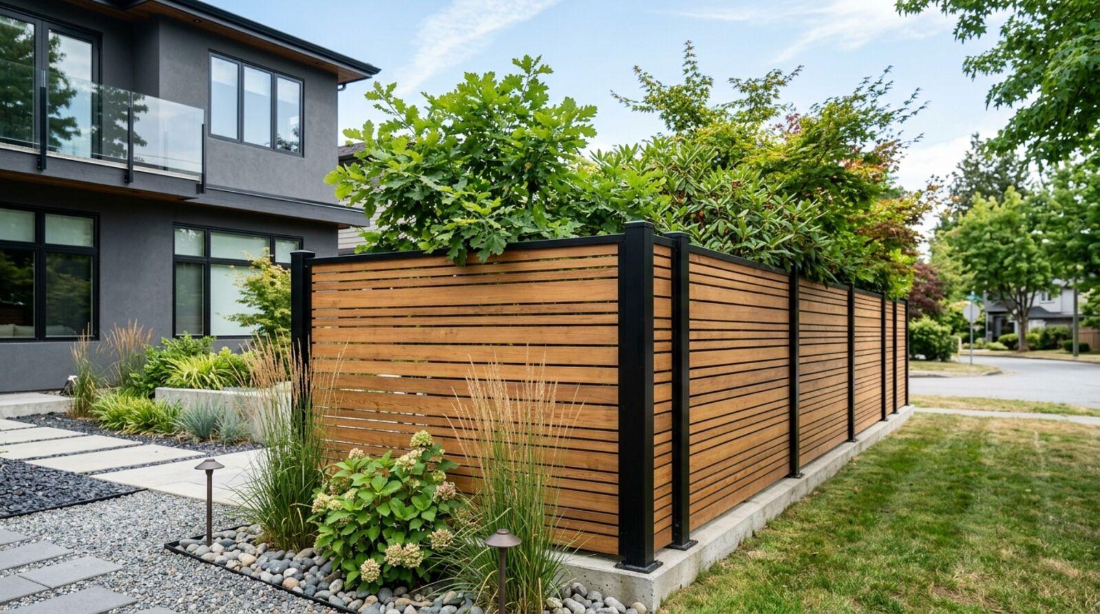 A modern horizontal slat wood fence surrounding a landscaped backyard with clean lines and warm tones