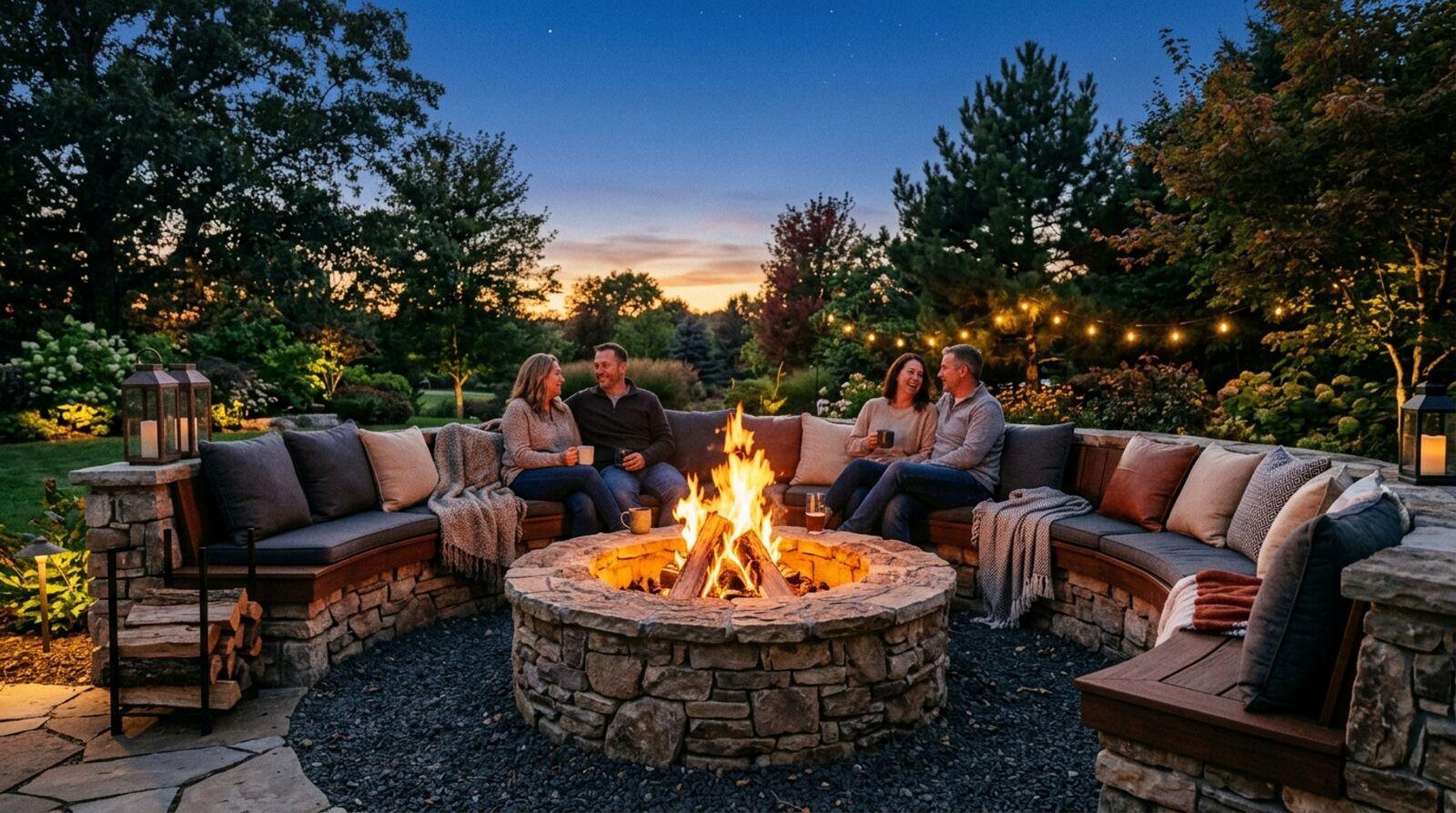A built-in stone fire pit with circular seating area in a landscaped backyard at dusk
