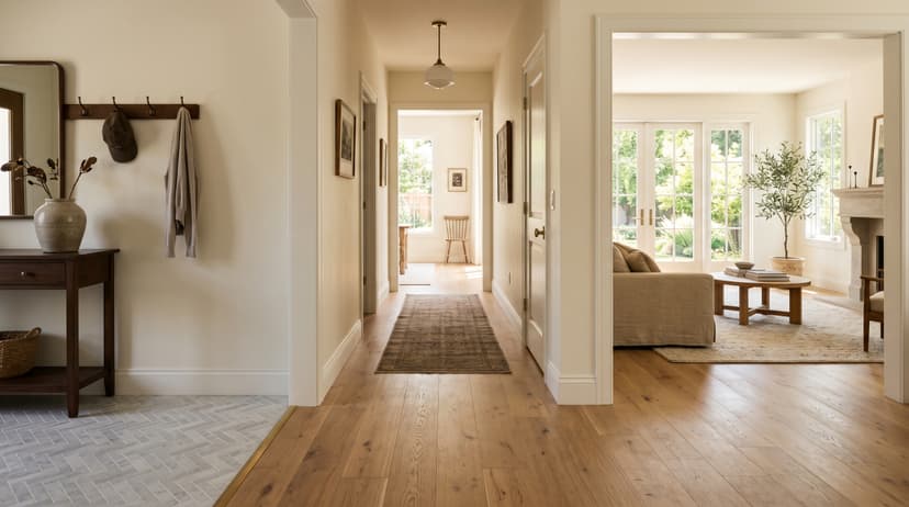 Interior hallway showing rooms with different flooring — white oak hardwood in the living room and herringbone tile in the entryway, warm natural light