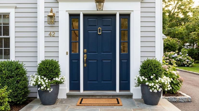 Bold navy front door with brass hardware on a white colonial home