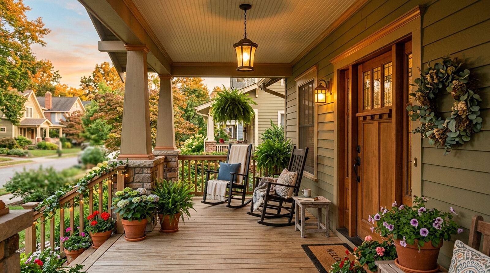 A welcoming front porch with comfortable seating, pendant lighting, and a painted ceiling creating a warm entry