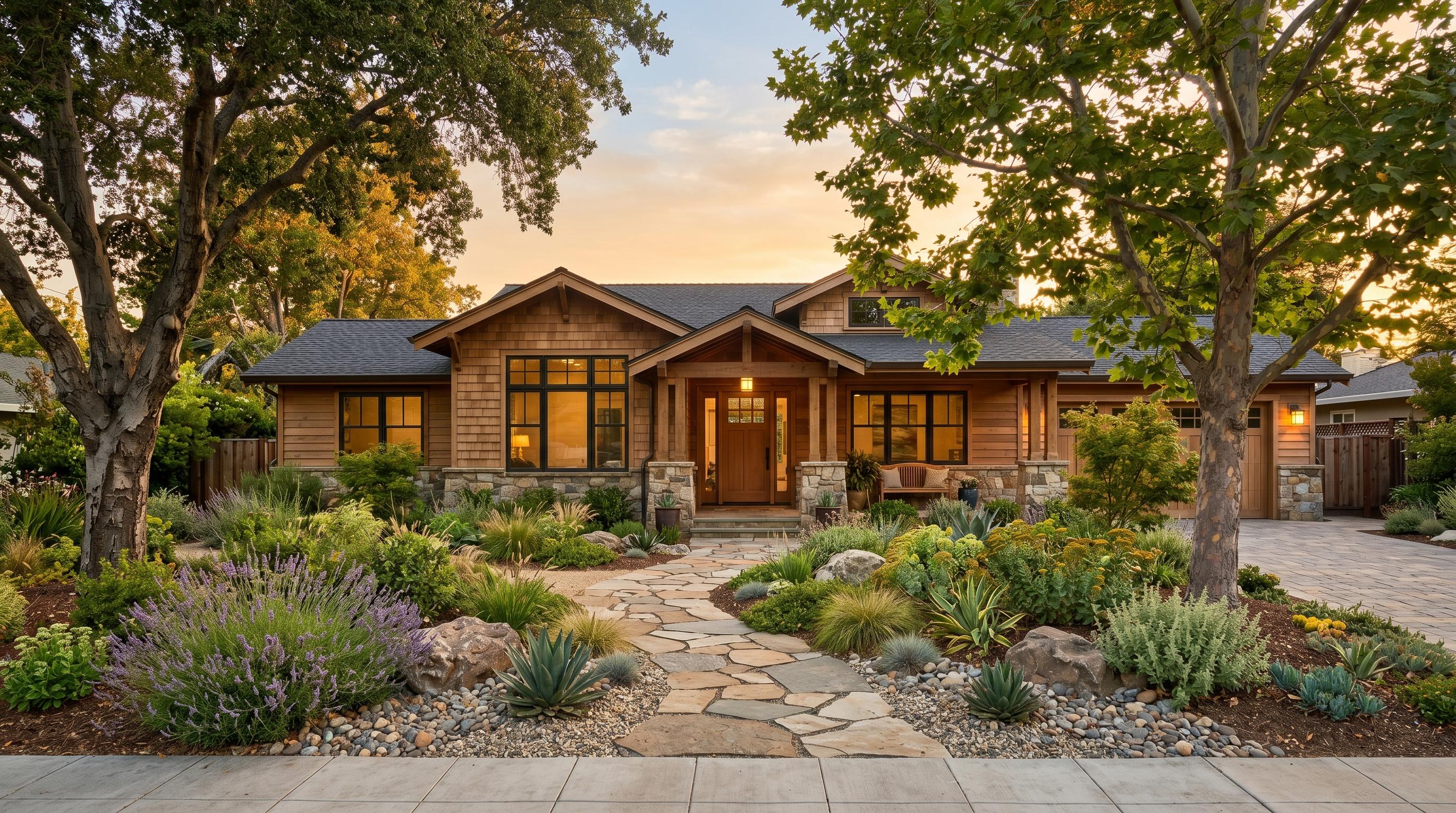 Beautifully landscaped front yard with drought-tolerant plants, stone pathway, and mature trees framing a craftsman home at golden hour