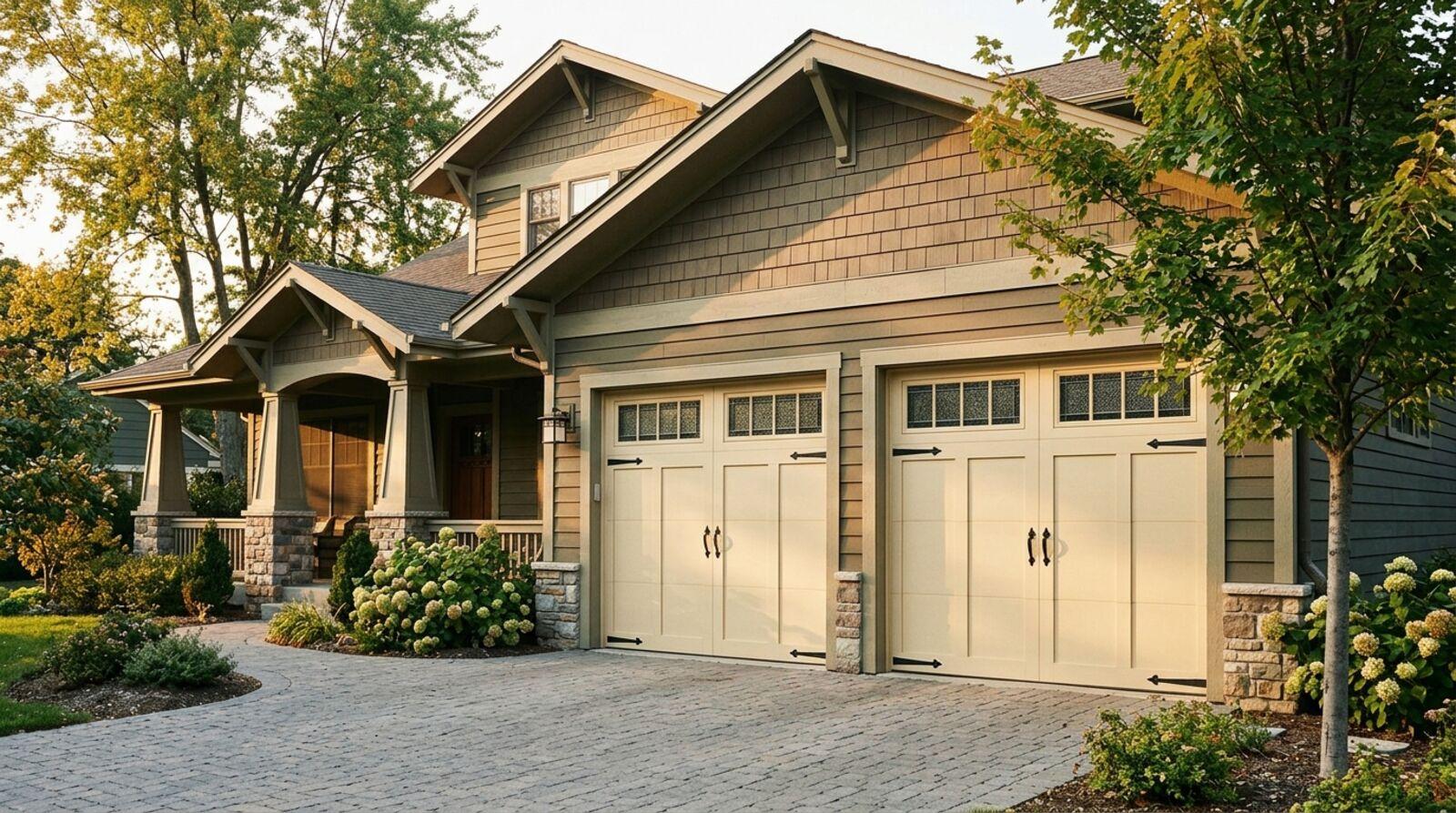 Carriage house style garage door with decorative hardware on a craftsman home