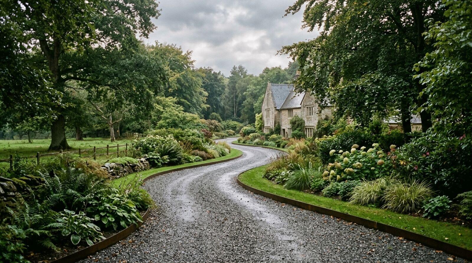 Well-maintained gravel driveway winding through a wooded rural property
