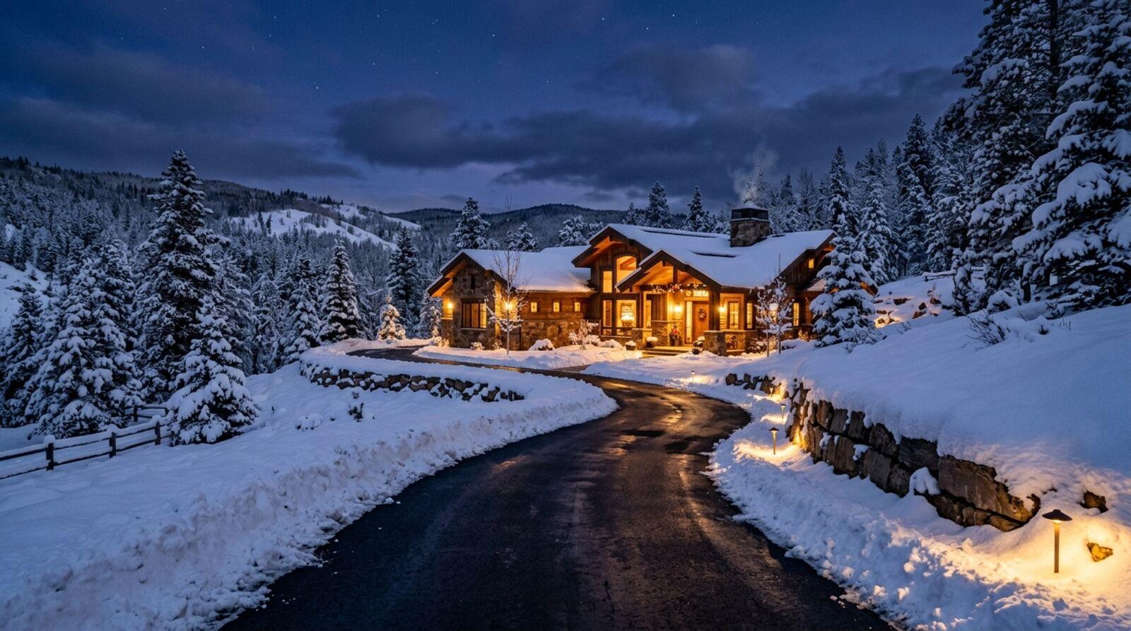 Snow melting off a heated concrete driveway while surrounding areas remain covered in snow