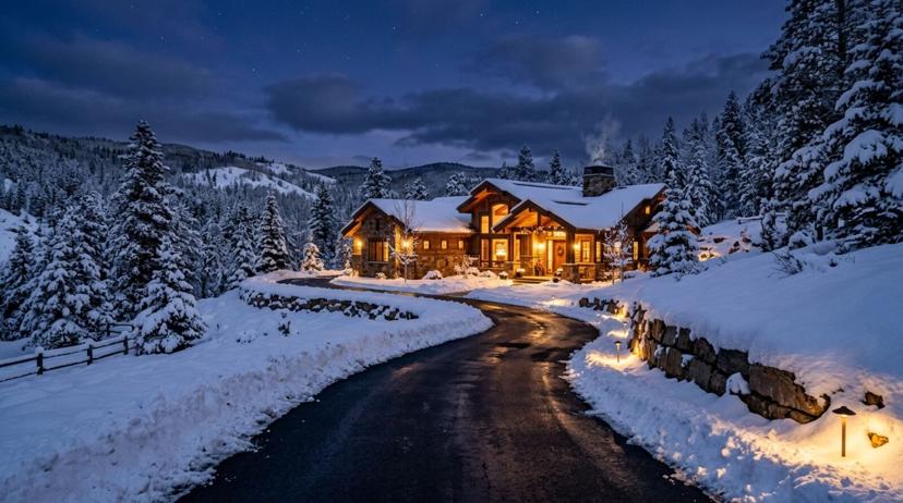 Snow melting off a heated concrete driveway while surrounding areas remain covered in snow