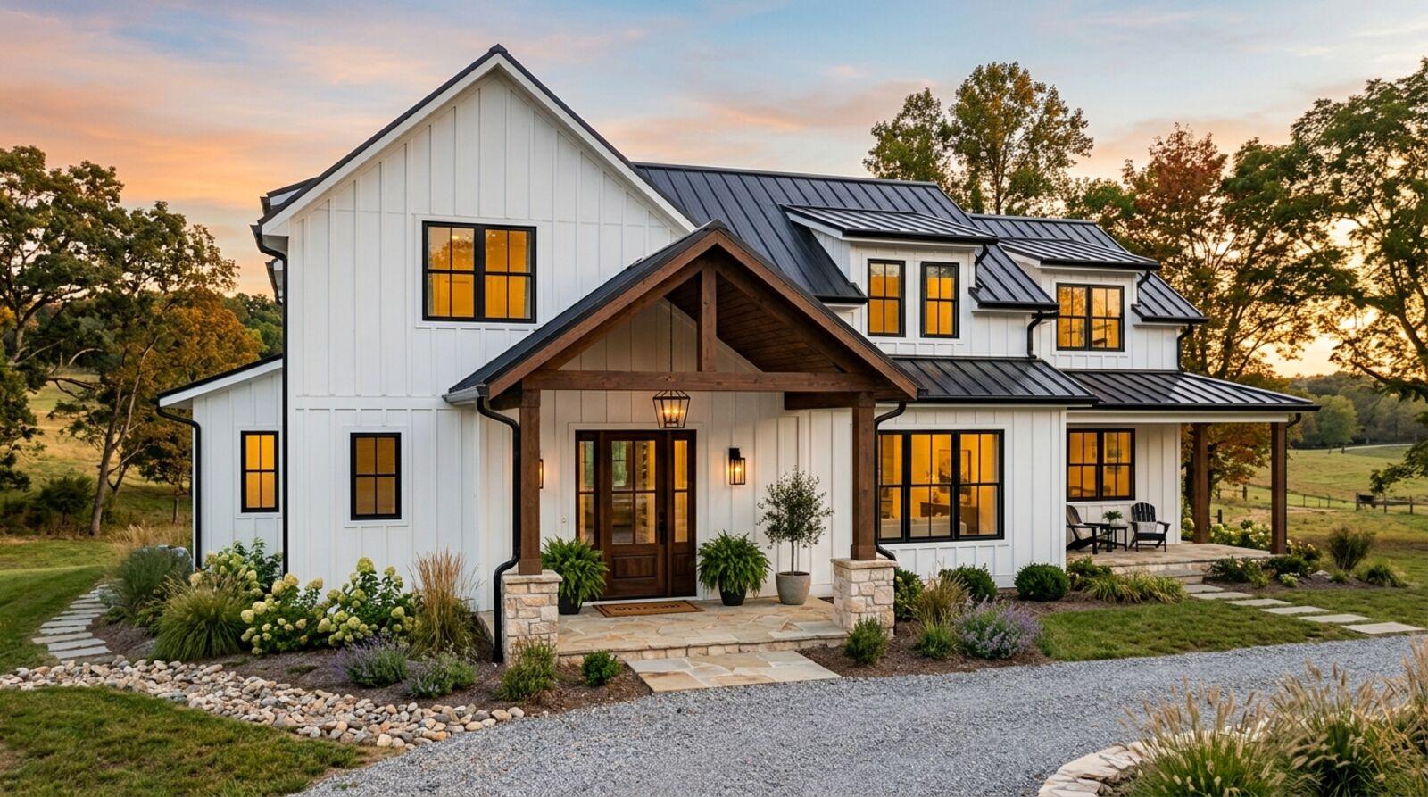 Modern farmhouse exterior with white siding and black window frames