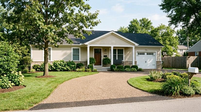 Clean gravel driveway with defined edging leading to a suburban home