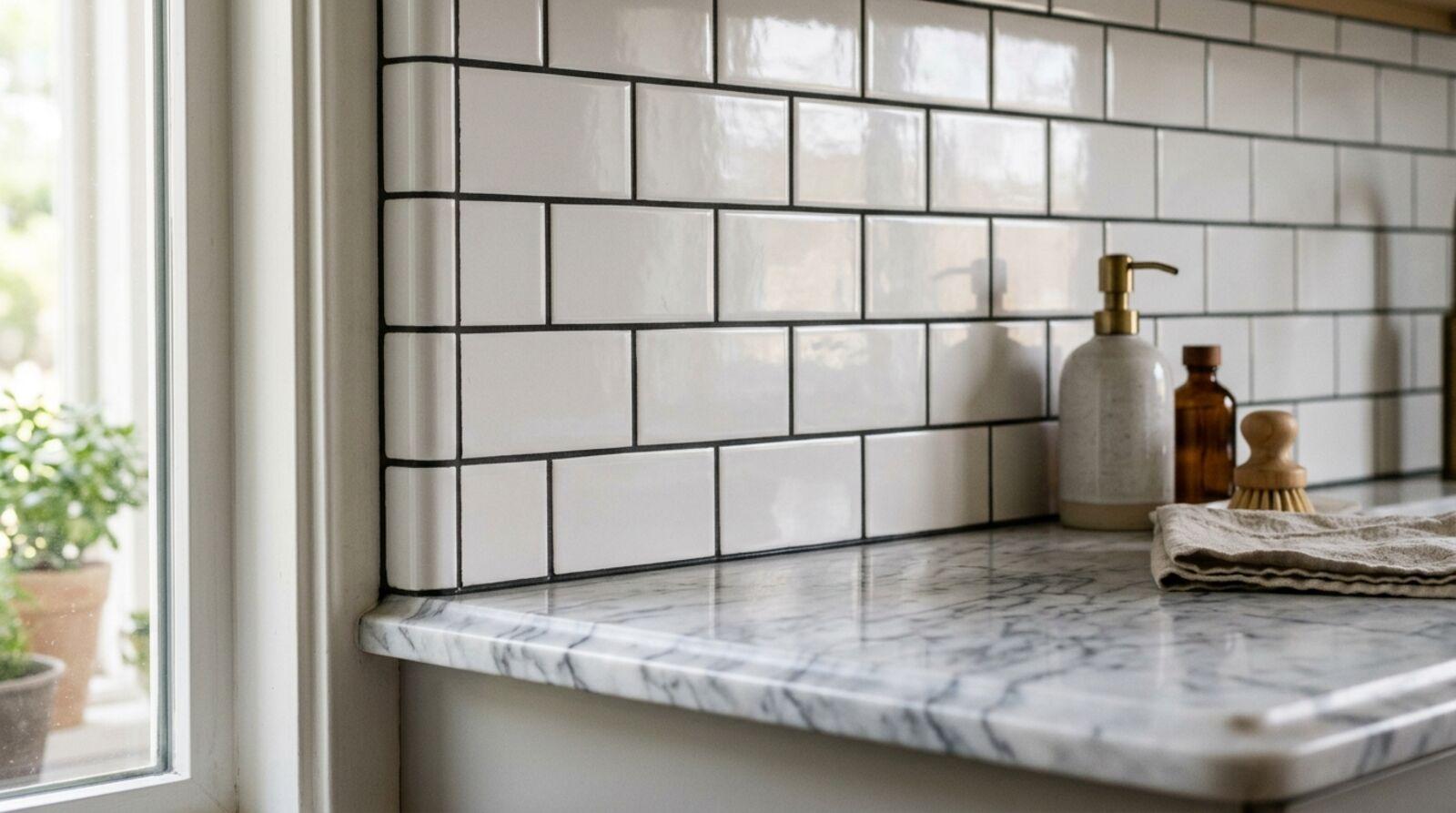 White subway tile backsplash with dark grout in a modern kitchen