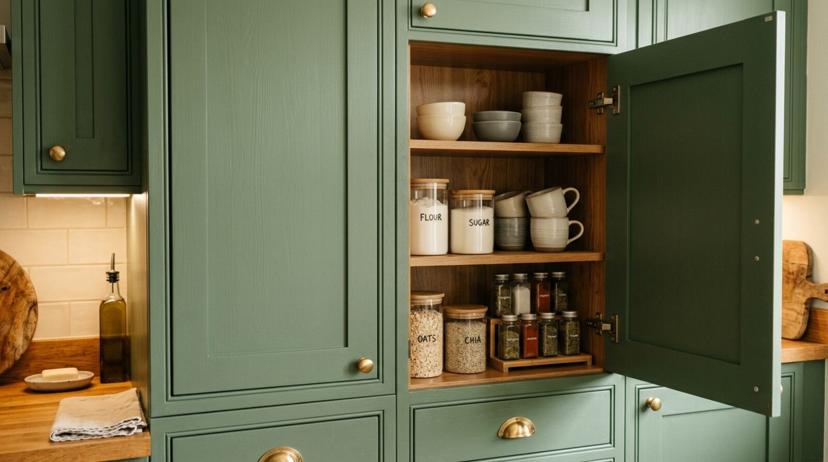 Kitchen with dark green lower cabinets and natural wood upper cabinets