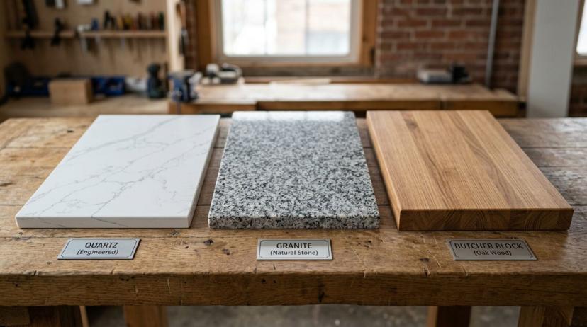 Side-by-side comparison of quartz granite and butcher block kitchen countertops