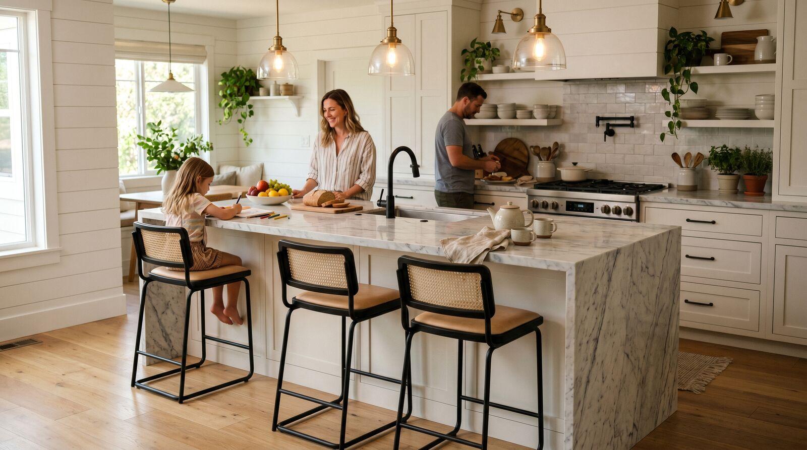 Kitchen island with waterfall countertop and three counter-height stools