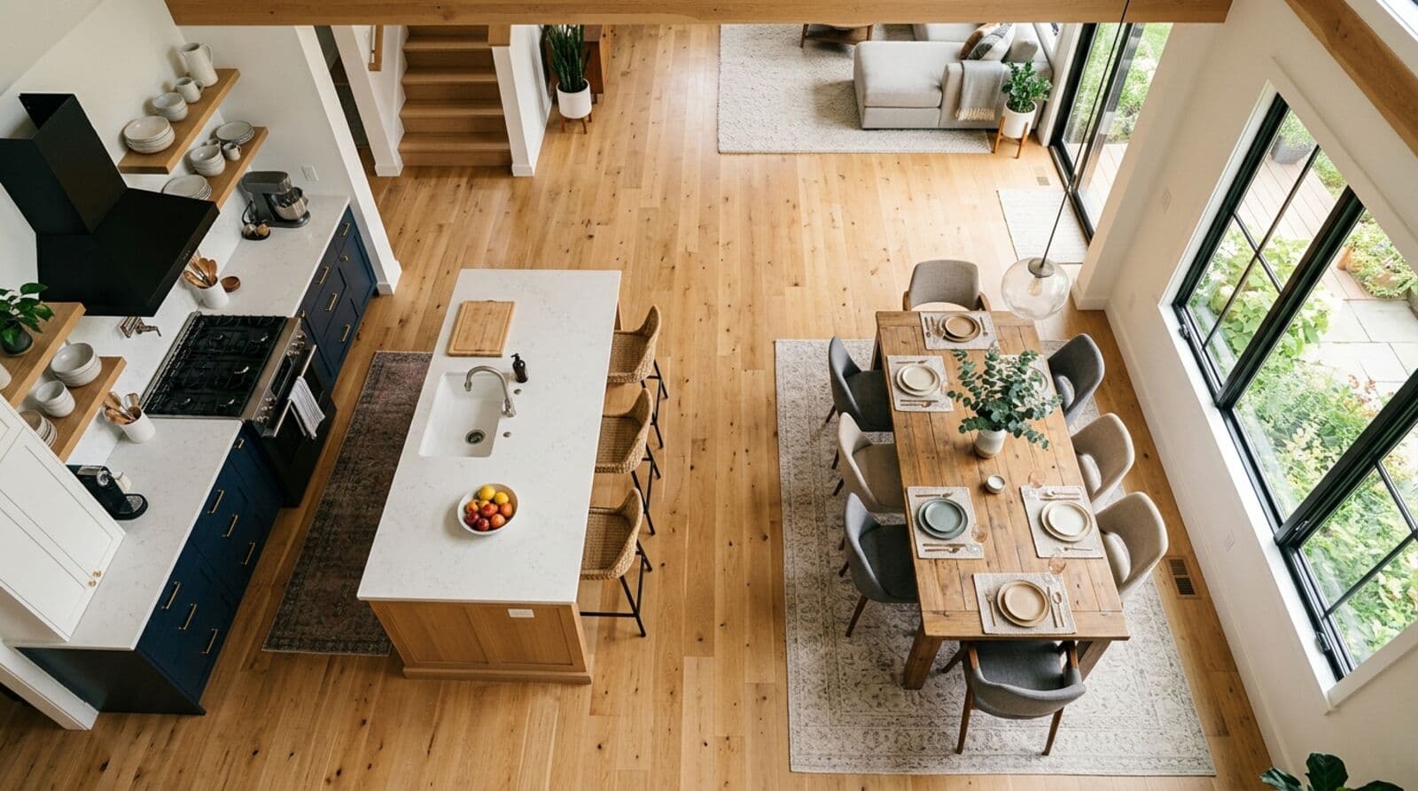 Overhead view of a U-shaped kitchen layout with center island
