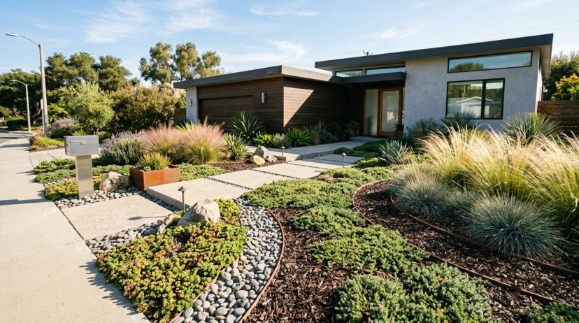 A front yard with native plants, gravel pathways, and minimal lawn area requiring low maintenance landscaping
