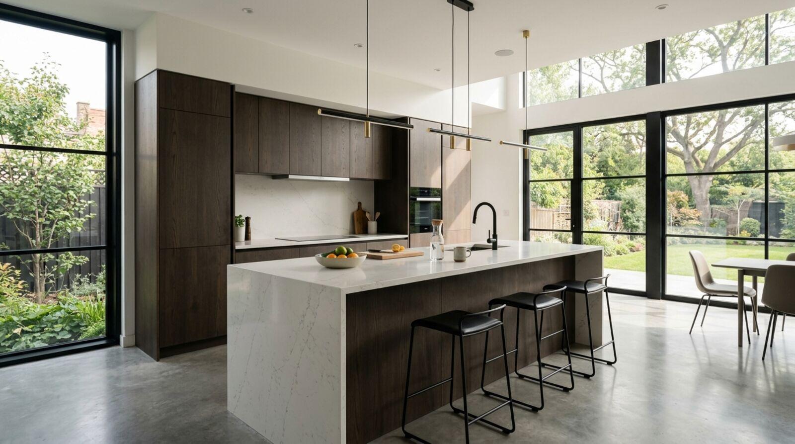 Modern kitchen with warm wood tones and integrated appliances