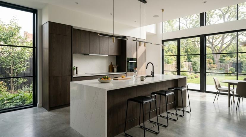 Modern kitchen with warm wood tones and integrated appliances