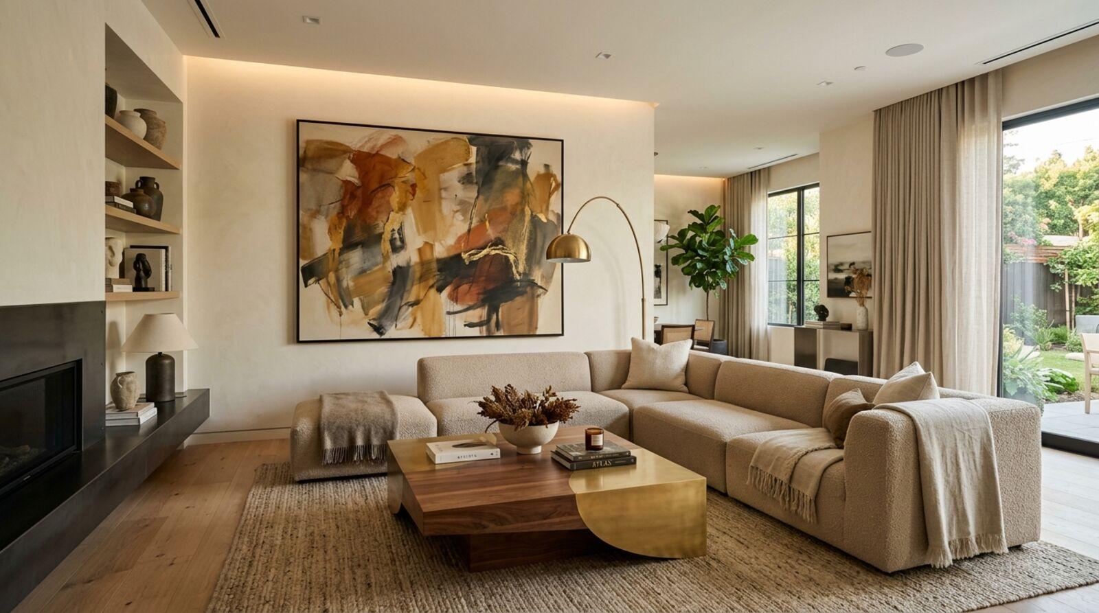 Modern living room with warm neutral palette and layered lighting