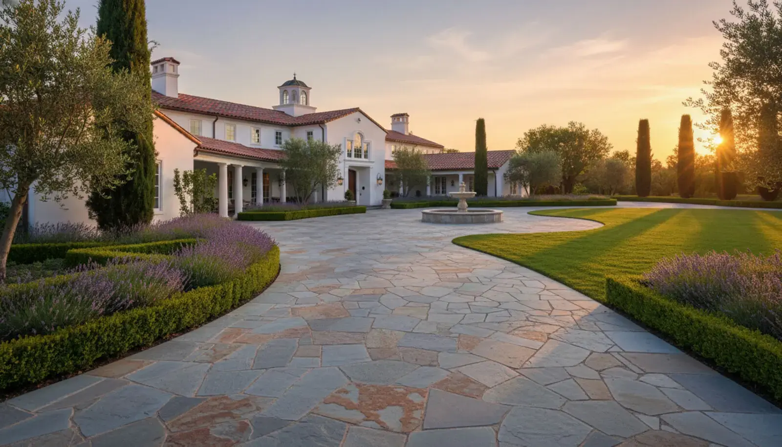 Natural stone driveway style for a Mediterranean or Spanish-style home