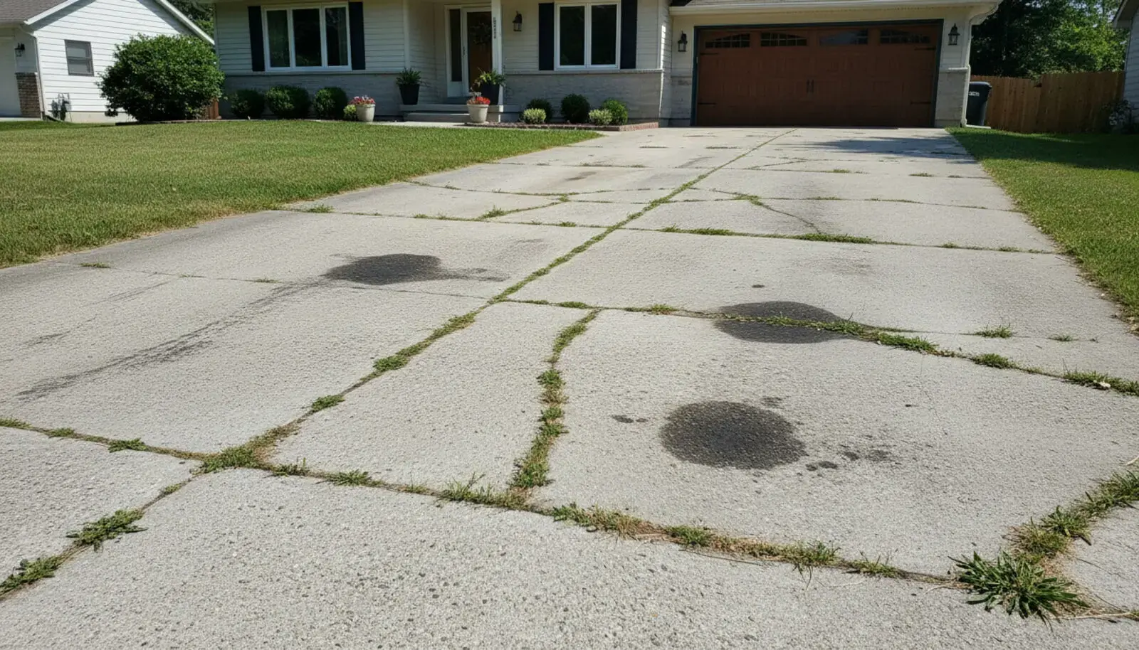 Old cracked asphalt driveway before redesign