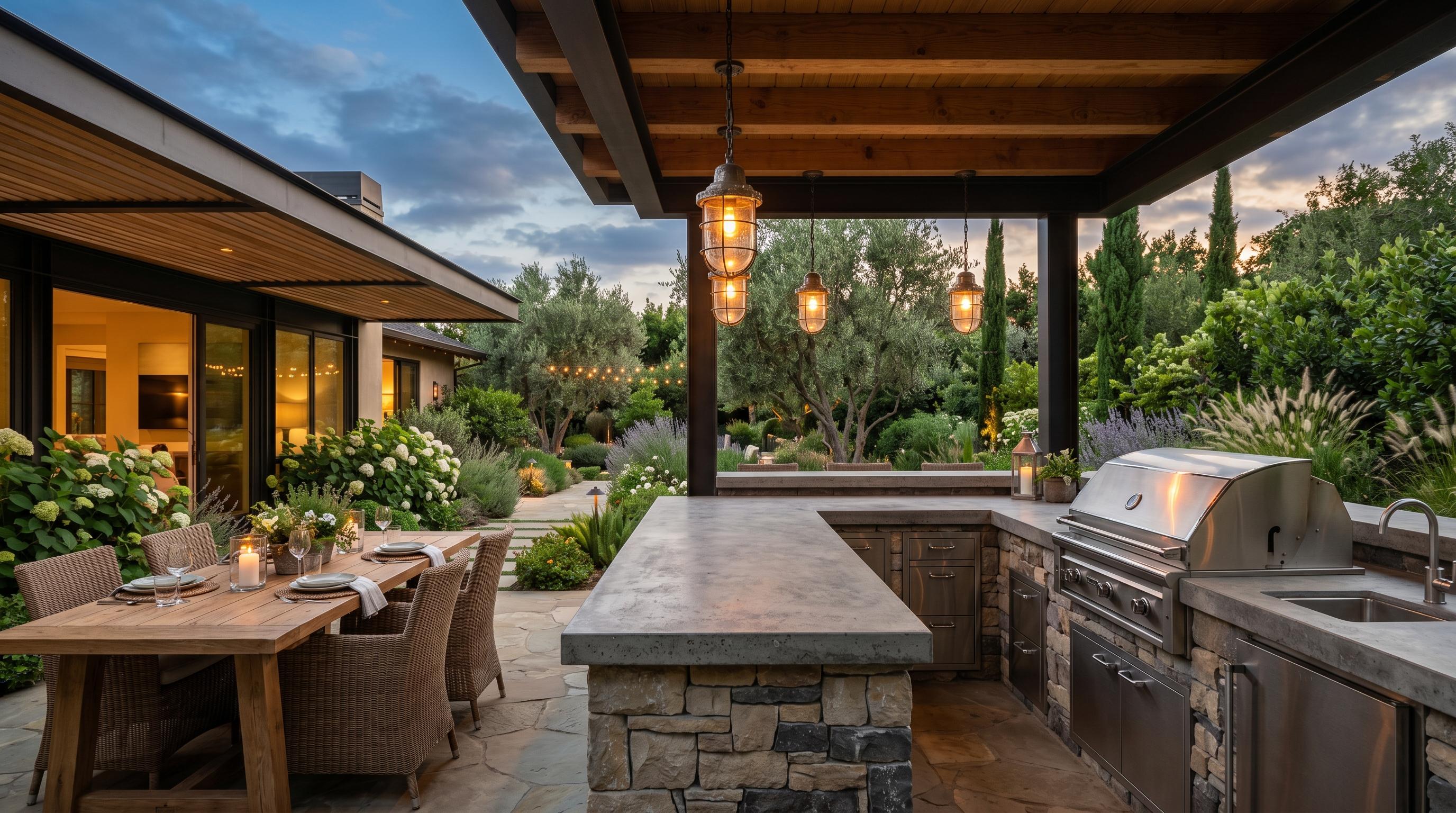 Modern outdoor kitchen with concrete countertops, built-in stainless steel grill, natural stone base, and pendant lighting at dusk